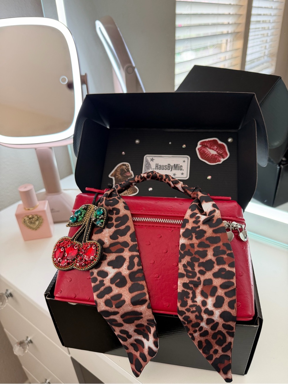 Red Women's Top-Handle Bag with Leopard Scarf and Cherry Charm